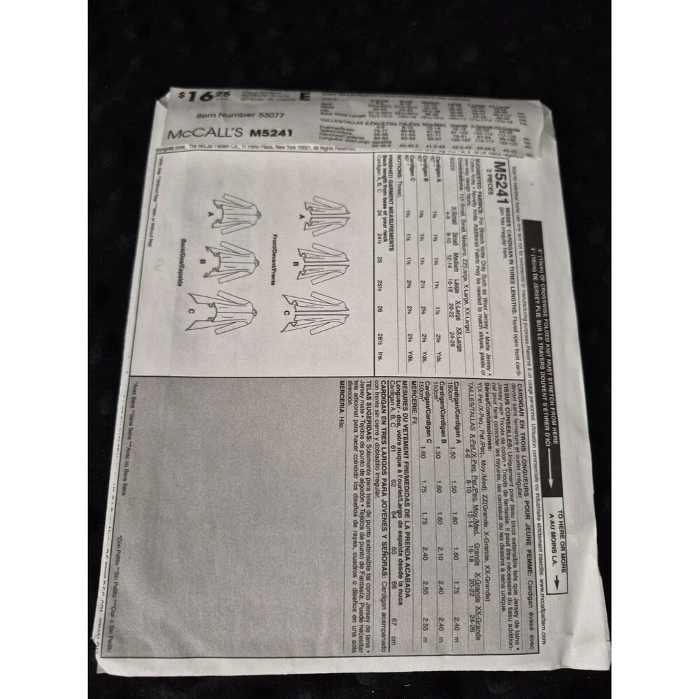 McCall's M5241 Misses Cardigan Sewing Pattern - sizes Xsm, Sml, Med - UNCUT